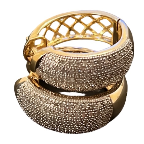 Designer 14KT Gold Plated Paved CZ Crystal Diamond Cut Out Huggie Hoops - Picture 9 of 11